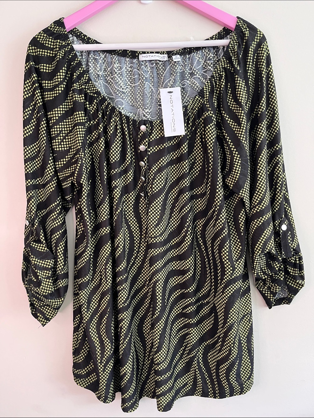 NWT❗️Notations Size 1X Black Yellow Wave-Print Tunic Blouse
